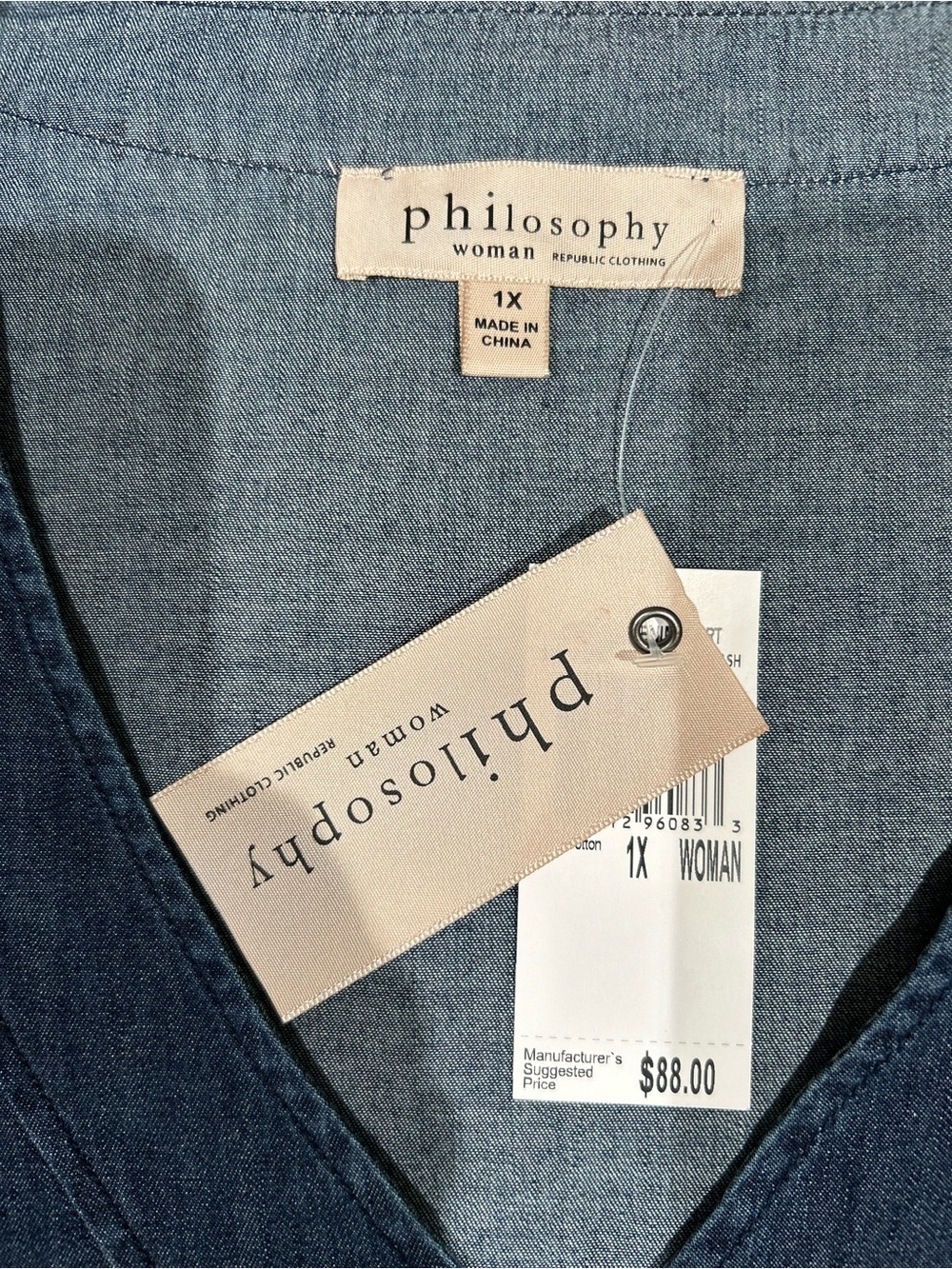 Philosophy Denim Chambray V-Neck Bell Sleeve Top Women’s Size 1X NWT Boho Casual - Picture 5 of 10